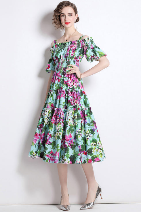 Runway Fashion Alluring Green Bellflower Print, Slash Neck, Elastic Waist, Ruffled Cocktail, Party Midi Dress